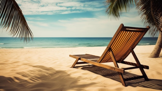 Una silla de playa en una playa tropical con una palmera al fondo.