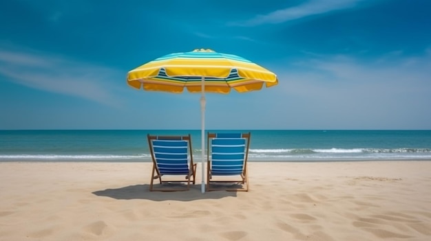 Silla de playa con sombrilla en una hermosa arena blanca frente a un impresionante cielo azul y vacaciones en el océano concepto de libertad generativa ai