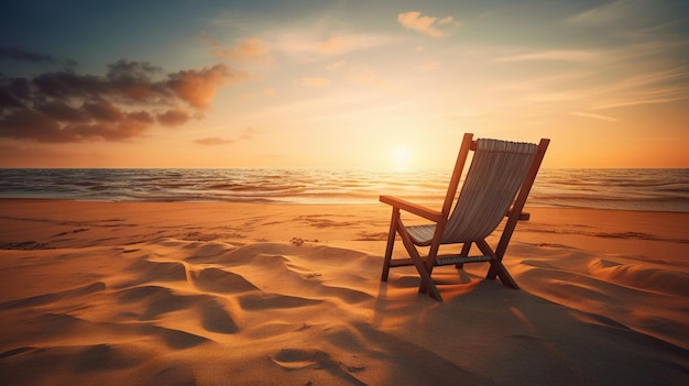 Silla de playa y sombrilla en la hermosa playa Puesta de sol sobre el océano Concepto de paraíso de viajes IA generativa