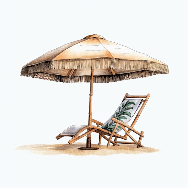 Una silla de playa con una sombrilla y una palmera.