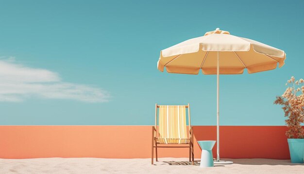 Una silla de playa y una sombrilla en la playa.