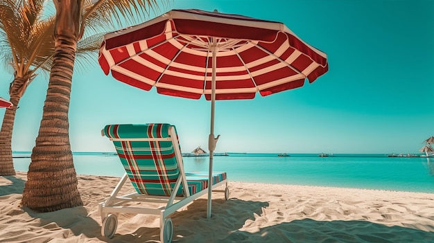Una silla de playa con una sombrilla de rayas rojas y verdes en un día soleado.