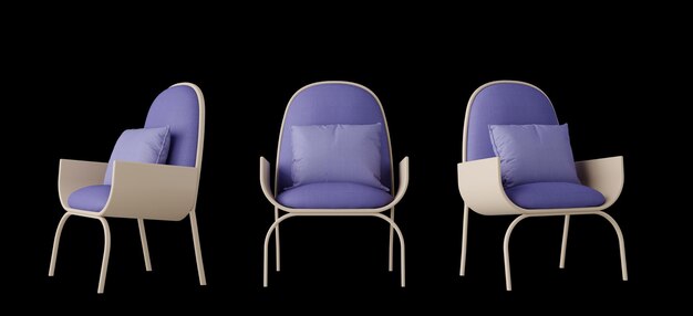 Silla púrpura y almohada aislada renderización 3D