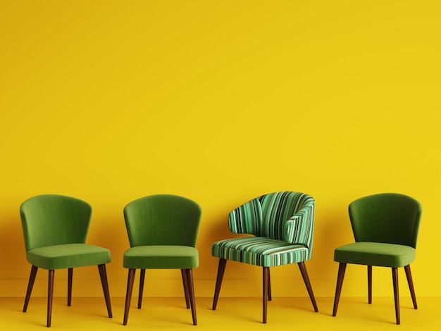 Una silla con rayas de colores entre simples sillas verdes sobre fondo amarillo con espacio de copia. Concepto de minimalismo. Ilustración digital maqueta de representación 3D