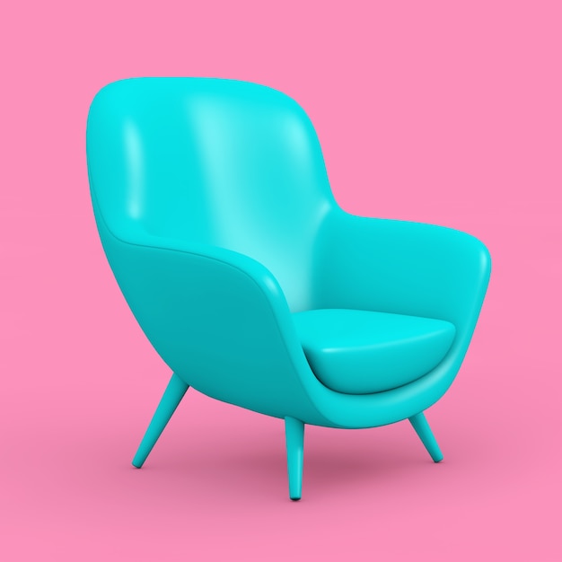 Silla Relax de cuero azul moderno de forma ovalada en estilo Duotono sobre un fondo rosa. Representación 3D