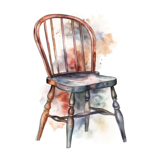 silla retro de madera ilustración en acuarela sobre fondo blanco