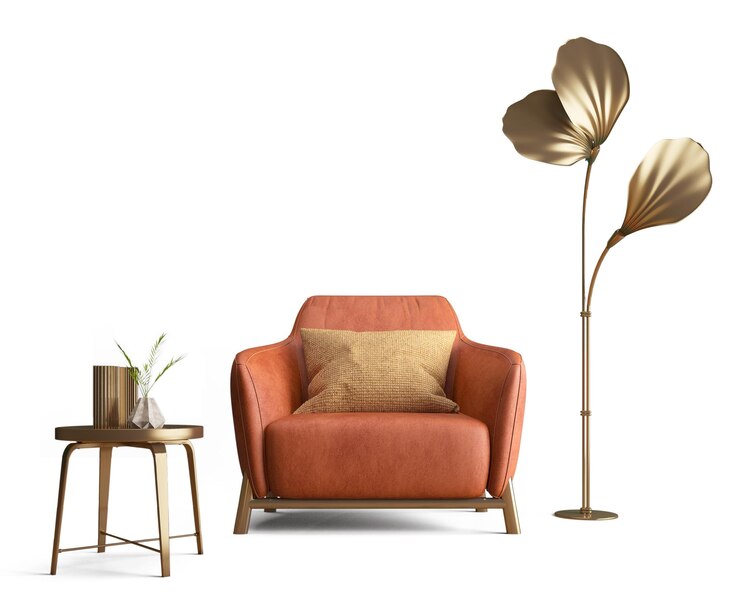 Silla roja con almohada y decoración dorada aislada renderización 3D
