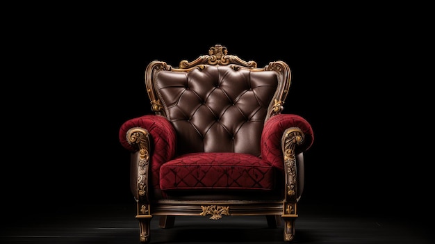 una silla roja clásica con una corona de oro y una corona de Oro en la espalda.