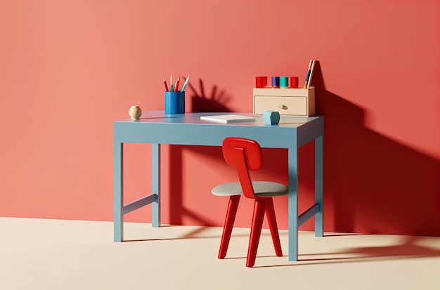 una silla roja está al lado de un escritorio con una silla Roja y un lápiz y un láplam.