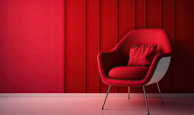 Una silla roja en una habitación con una pared roja detrás.