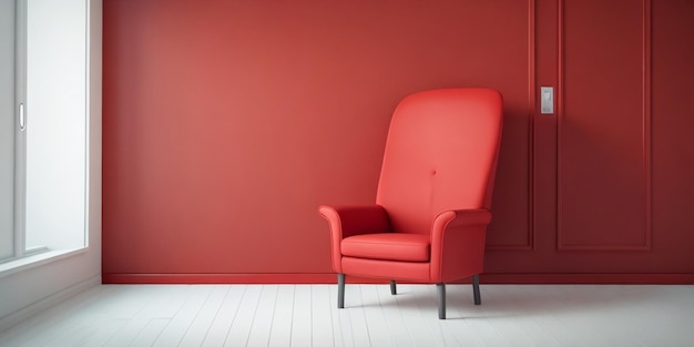 Foto una silla roja en una habitación con una pared roja y una silla roja en la esquina.