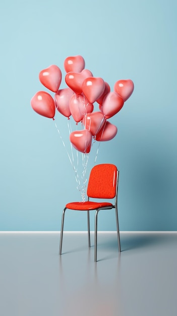 Silla roja con un montón de globos en la pared.