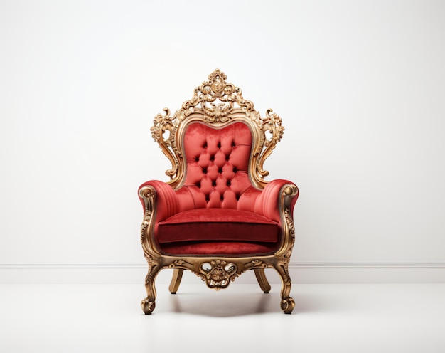 una silla roja con un reposabrazos dorados y rojos.