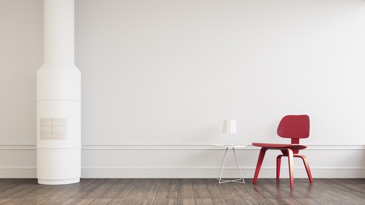 Silla roja en la sala blanca y la chimenea - Representación 3D