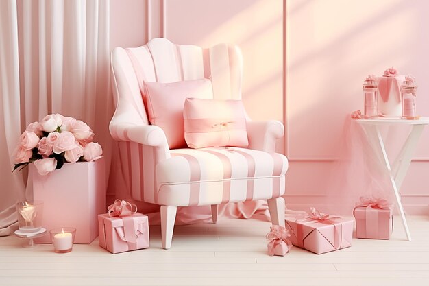 Una silla rosa con regalos de perfume y flores a su lado Ai generó