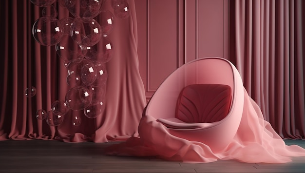 Una silla rosa en un salón con una cortina al fondo.