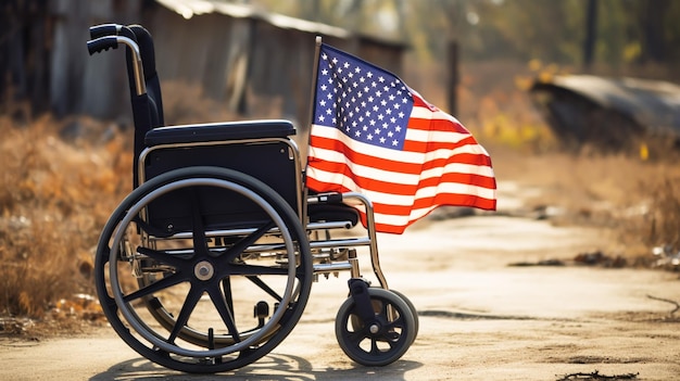 Silla de ruedas con bandera de Estados Unidos.