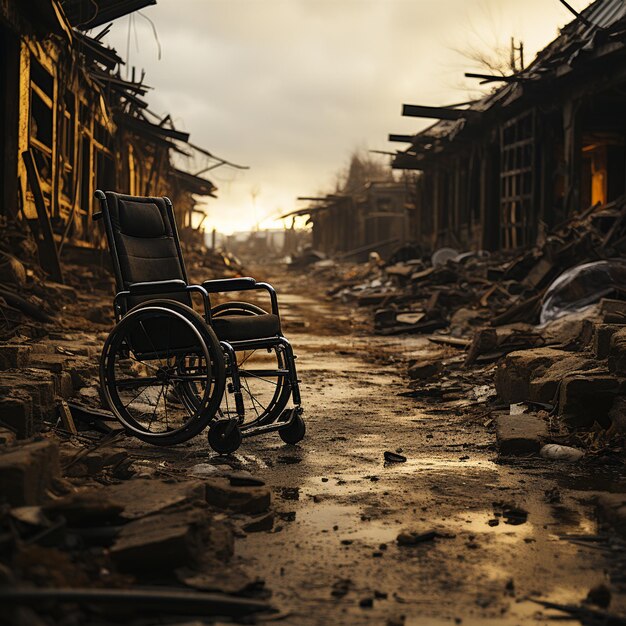 Una silla de ruedas se encuentra en una calle con un edificio al fondo.