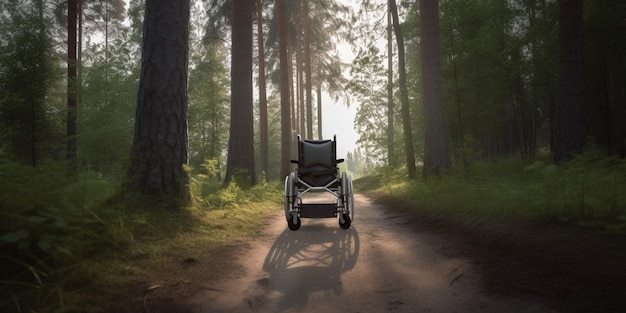 Una silla de ruedas está en un camino en un bosque.