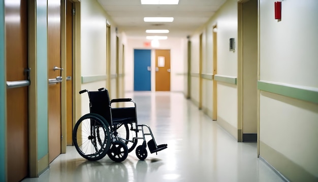 una silla de ruedas está en un pasillo con el letrero de salida en la puerta