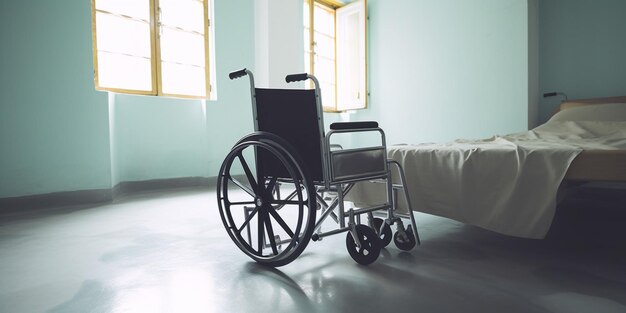 Una silla de ruedas en una habitación con una cama al fondo.