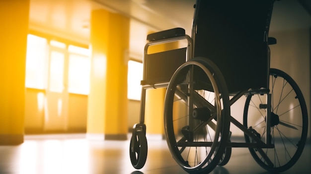 Una silla de ruedas en el pasillo de un hospital con el sol brillando sobre ella.