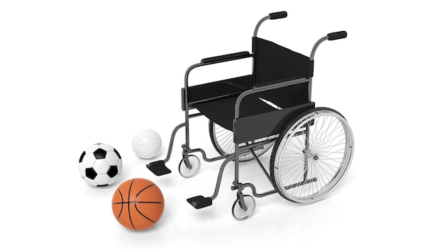 Silla de ruedas con pelotas de baloncesto, fútbol y voleibol aisladas en blanco