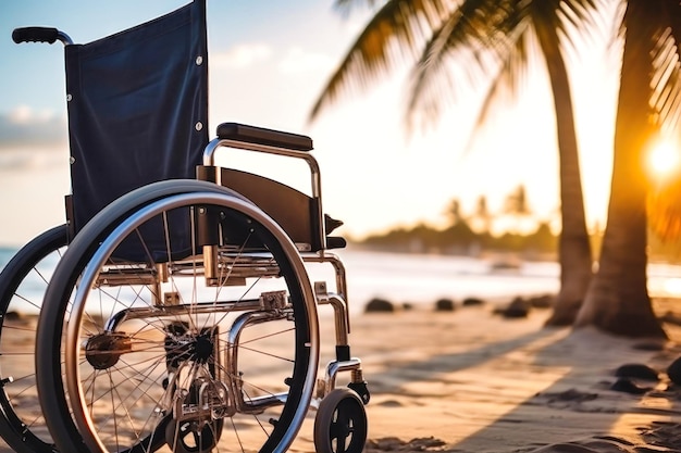 Silla de ruedas en la playa junto a una palmera