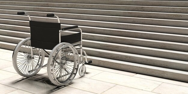 Foto silla de ruedas vacía frente a escaleras de hormigón ilustración 3d