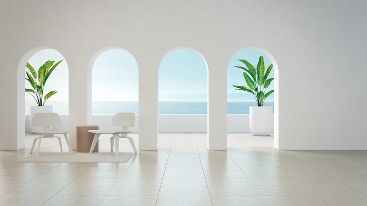 Silla en sala blanca estilo Santorini - renderizado 3D