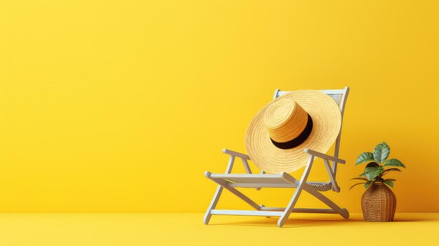 Silla de salón y sombrero de paja contra una pared amarilla con una alfombra de crema y ollas de flores