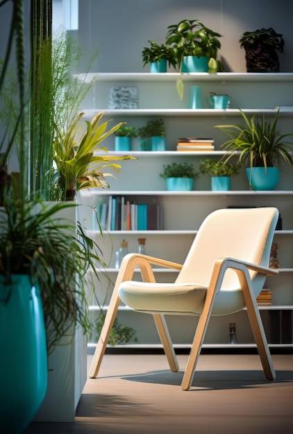 una silla se sienta frente a un estante con plantas y un estante de libros