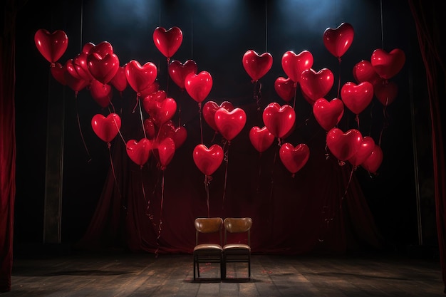 Una silla se sienta frente a un montón de globos de corazón rojo vibrante creando una escena alegre y festiva.