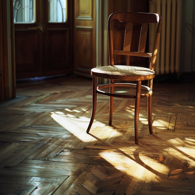 una silla se sienta en una habitación con una mesa de madera y una ventana