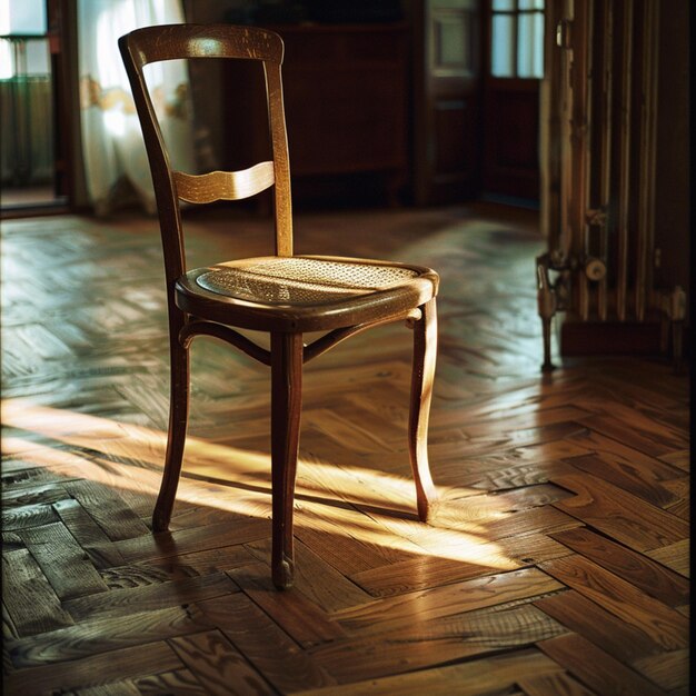 Foto una silla se sienta en un piso de madera con la palabra im en él