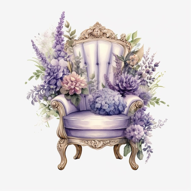 Una silla con una silla morada y flores.