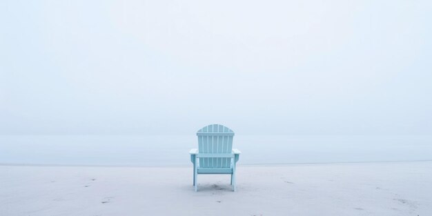 Silla solitaria en la arena blanca de la playa tranquila del mar cubierta de niebla IA generativa