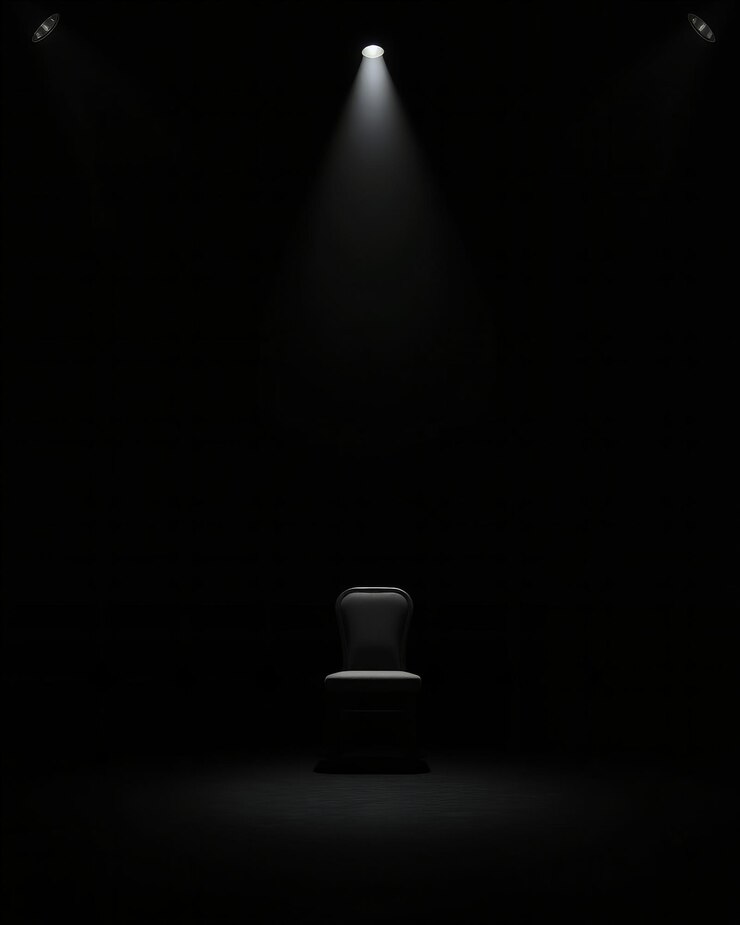 Silla solitaria bajo la luz fría en un escenario oscuro y vacío