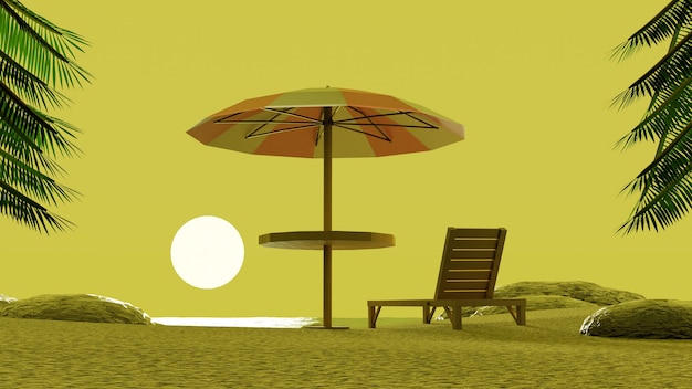 Silla de sombrilla de playa disfrutando del atardecer cielo amarillo con palmeras en 3D Render