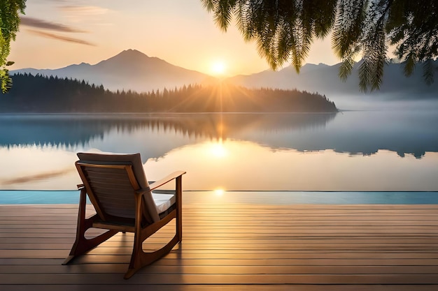 Una silla en una terraza con vista a un lago con una montaña al fondo