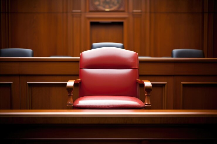Una silla vacía de los jueces en la sala del tribunal