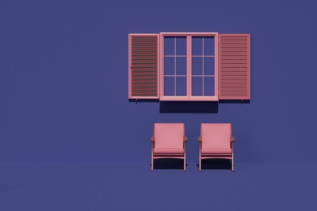 Silla y ventana en el concepto de pared en color rosa y azul violeta. Fondo claro con espacio de copia