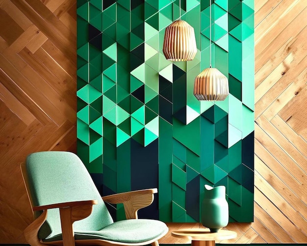 Una silla verde frente a una pared que tiene un patrón geométrico verde y blanco.