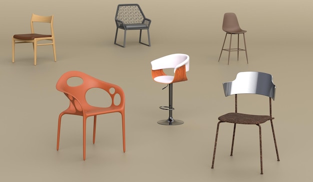 Sillas asientos varios estilos ilustraciones en 3D