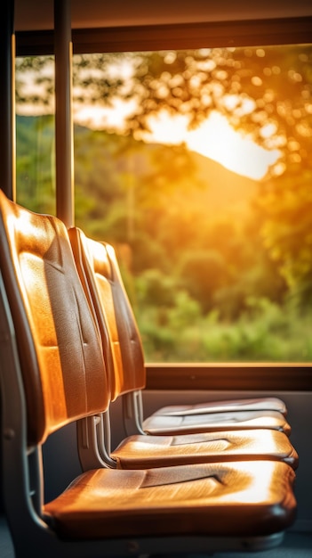 Foto sillas de autobús vacías con vista a la puesta de sol