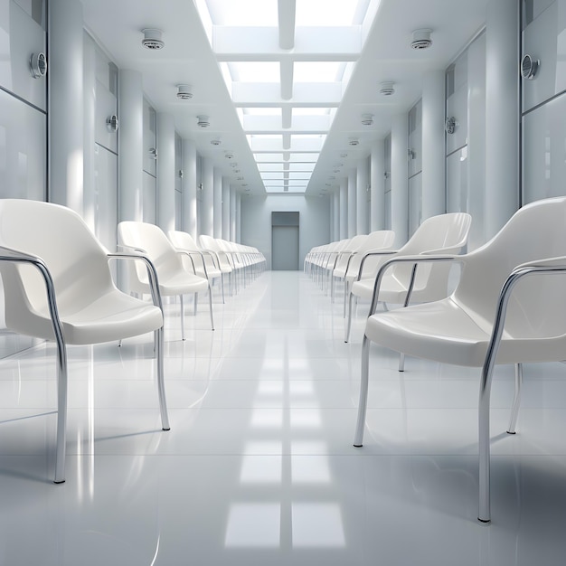 Foto sillas blancas seguidas en el pasillo de un hospital moderno generadas por ia