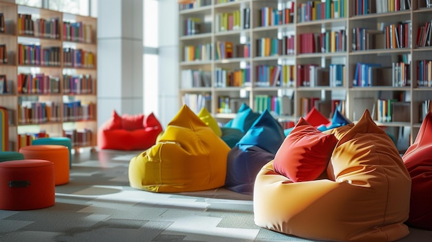 Sillas de bolsas de frijoles coloridas en un entorno vibrante de la biblioteca