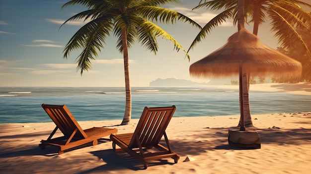 sillas de estar en la playa tomar el sol por un sol tropical bajo las palmeras y sombrillas