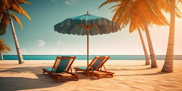 sillas de estar en la playa tomar el sol por un sol tropical bajo las palmeras y sombrillas