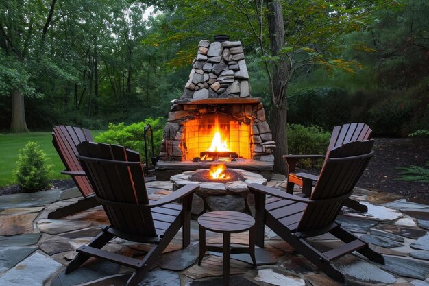 Sillas de madera para la chimenea del patio trasero Generate Ai